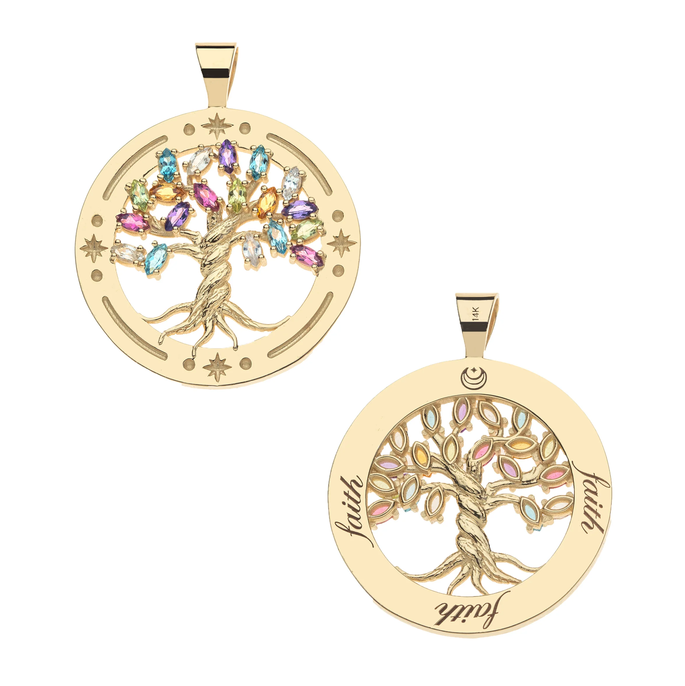 FAITH Tree of Life Pendant in Solid Gold with Multicolored Stones - Image 2