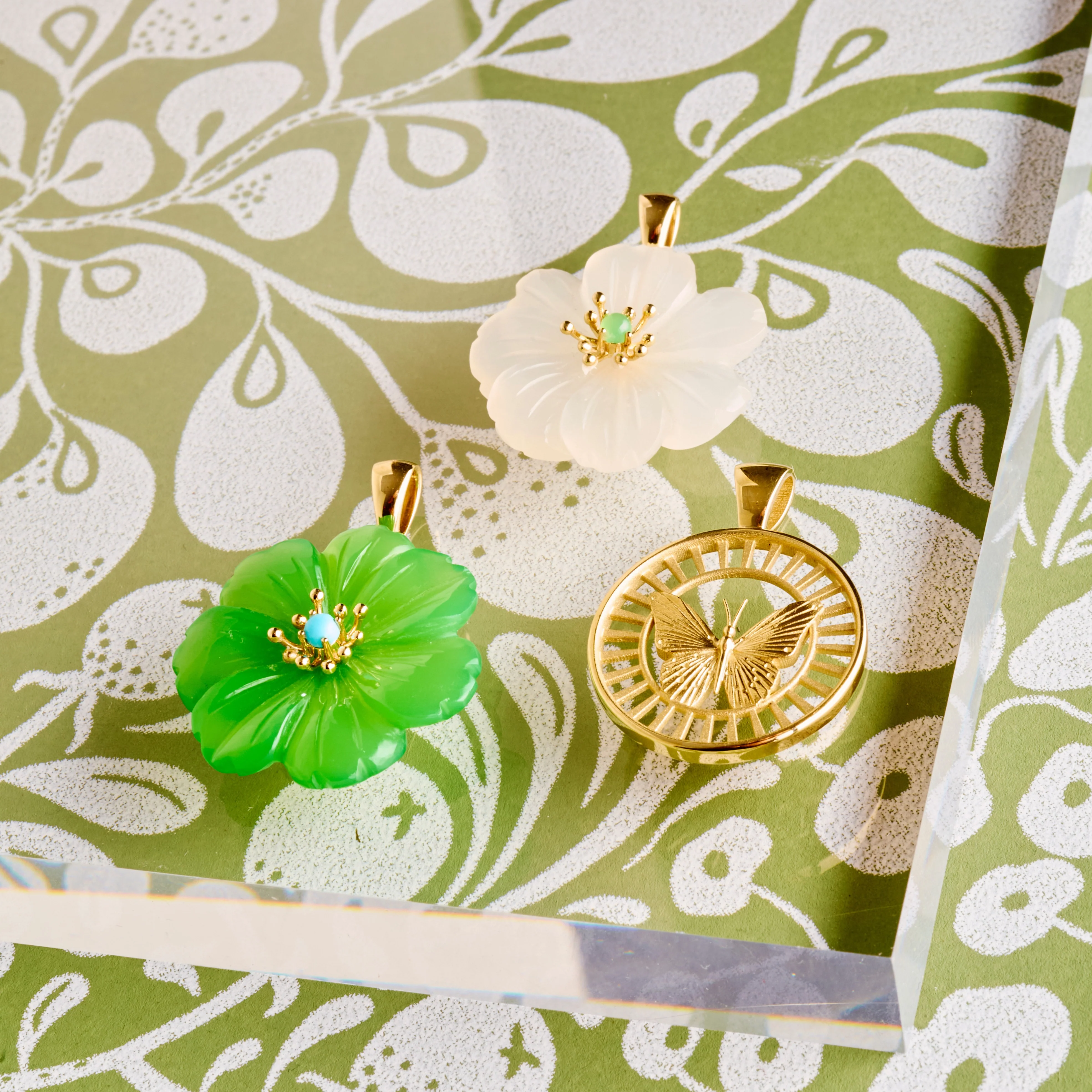 JOY Chrysoprase Carved Camellia Pendant in Solid Gold - Image 4